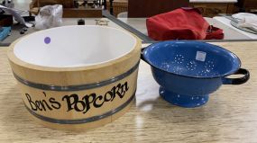 Enamel Blue Cookware and Ben's Popcorn Bin