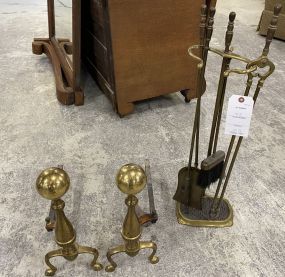 Brass Andirons and Brass Fireplace Toolkit