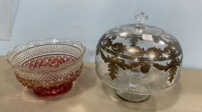 Silver Inlaid Cake Stand and Press Glass Fruit Bowl