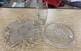 Pressed Glass Center Piece, Christmas Charger, and Etched Glass Pitcher