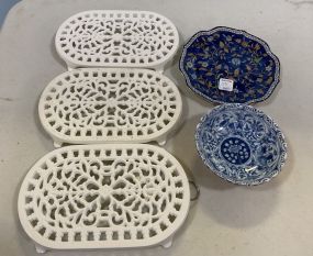 Three White Metal Trivets, and Porcelain Plate and Bowl