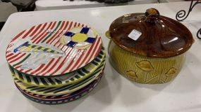 Ceramic Mushroom Cover Pot and 6 Ceramic Sailboat Plates