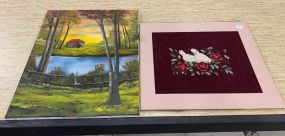 T. Watson Landscape Painting and Needle Point Doves