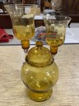 Two Tall Amber Glass Goblets and Amber Art Glass Jar