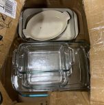 Box lot of Pyrex Casserole Dishes and Stoneware Dishes