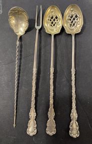 Three Sterling Stir Spoons and Cock Tail Fork