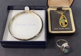 Sterling Bangle Bracelet, Jade Pendent Necklace, and .925 Sterling Ring