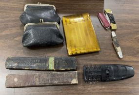 Collectible Shaving Blades, Purses, Cigarette Holder/Lighter and Three Pocket Knives