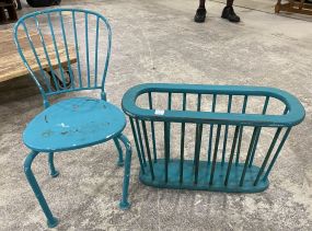 Painted Blue Magazine Holder and Metal Childs Chair