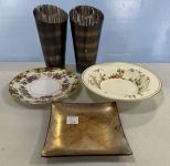 Porcelain Plates, Square Dish, and Metal Holders