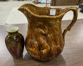 Majolica Style Pitcher and Stoneware Pitcher