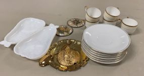 Milk Glass Pear Dishes, Brass Items, and China Cups & Plates