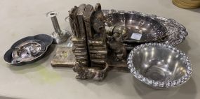 Silver Plate Platters, Candle Sticks, Ashtray, Bookends