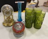 Small Anniversary Clock, Four Green Glasses, Art Glass Flute Vase, and Face Glass Dish