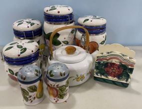 Group of Ceramic Canisters, Pot, and Gail Pittman Napkin Holder