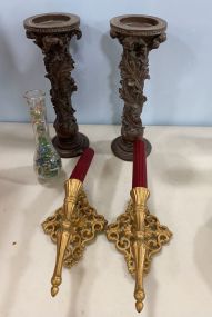 Two Candle Holders, Two Gold Plastic Candle Sconces