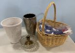 Pottery Vase, Glass Bowl and Woven Basket