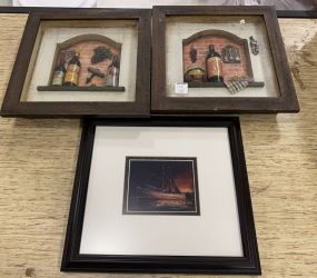 Two Village Shadow Boxes and Small Ship Print