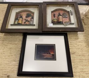 Two Village Shadow Boxes and Small Ship Print