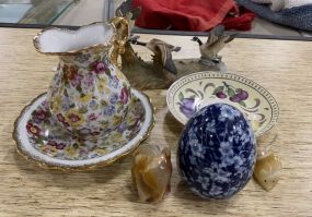 Porcelain Pitcher, Plate, Geese, and Decor