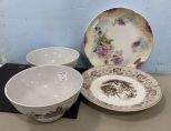 Two Hand Painted Plates and Rose Painted Bowls