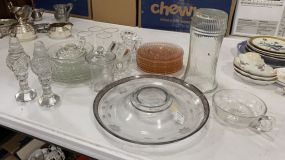 Glass Lot of Plates, Server, Salt & Pepper, Pink Plates, Mustard Jar, and Cups