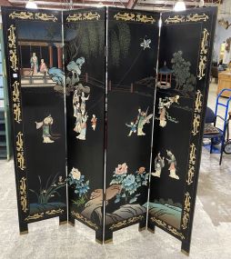 Four Panel Black Lacquer Oriental Screen