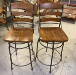 Pair of Modern Oak and Metal Bar Stools