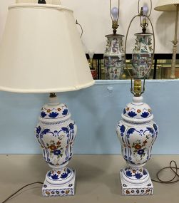 Pair of Hand Painted Blue & White Floral Table Lamps