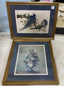 Pair of Framed Flowers in Vase and Birds on Branch