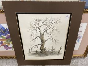 Print of Leafless Tree with Branches and Broken Fence by Eliff