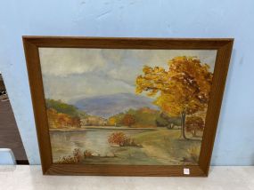 Framed Oil Painting of Landscape With Lake Signed by Mabel Hoeott 1958