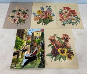 4 Signed Flower Prints and Venice Water Color Signed