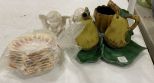 Group of Ceramic Items Including Angels, Set of Queen Scallop Seashell Dishes, and Other Misc Items