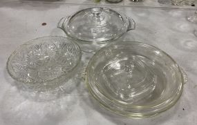 Group of Glass Dishes Includes 2 Pyrex, Anchor Hocking Covered Dish and Cut Glass Bowl