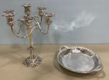 Silver Plated Candle Candelabra and Bowl with Handles