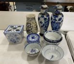 Group of Blue and White Dishes and 3 Pottery Vases