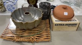 Group of Assorted Kitchenware Including Extra Burner, Measuring Cup, Ceramic Garlic Baker Covered Dish and  Other Misc Items