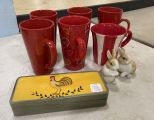 Red Mugs, Ceramic Small Rabbits, and Rooster Box