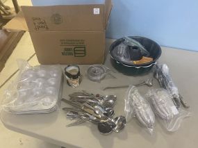 Box of Baking Pans & Molders, Spoons, Knifes, Forks, and Other Misc Items