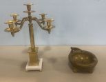 Brass Cigar Ashtray and Gold 5-Light Candelabra