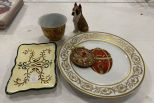 Porcelain Charger, Dog Figurine, Gold Gilt Bowl, and Tray