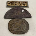 Group of 2 Ceramic Wall Plaques with Engravings and 1 Wooden Scene Plaque