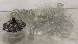 Group of Assorted Glass Table Top Candle Holders, Covered Bowl, and Mini Vases Includes Other Misc Items.