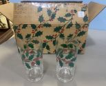 Set of Christmas Tumblers w/ Large Green Holly Leaves & Red Berries