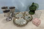 Three Pewter, Silver Plate Leaf Dish, Glass Turkey Dish, and Glass Sugar