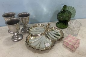 Three Pewter, Silver Plate Leaf Dish, Glass Turkey Dish, and Glass Sugar