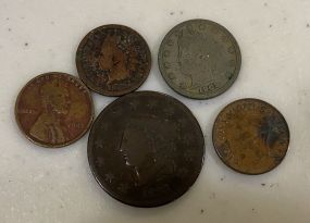 Large 1833 Penny, 1908 V Nickel, 1942 One Cent, Georgiva VI Dei Gratta, 1864 Indian Head Penny