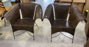 Pair of Large Leather and Iron Club Chairs