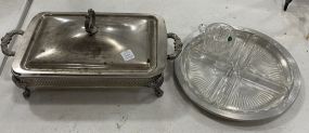 Casserole Stand, Divided Glass Dishes w/ Metal Plate, and Tea Cup